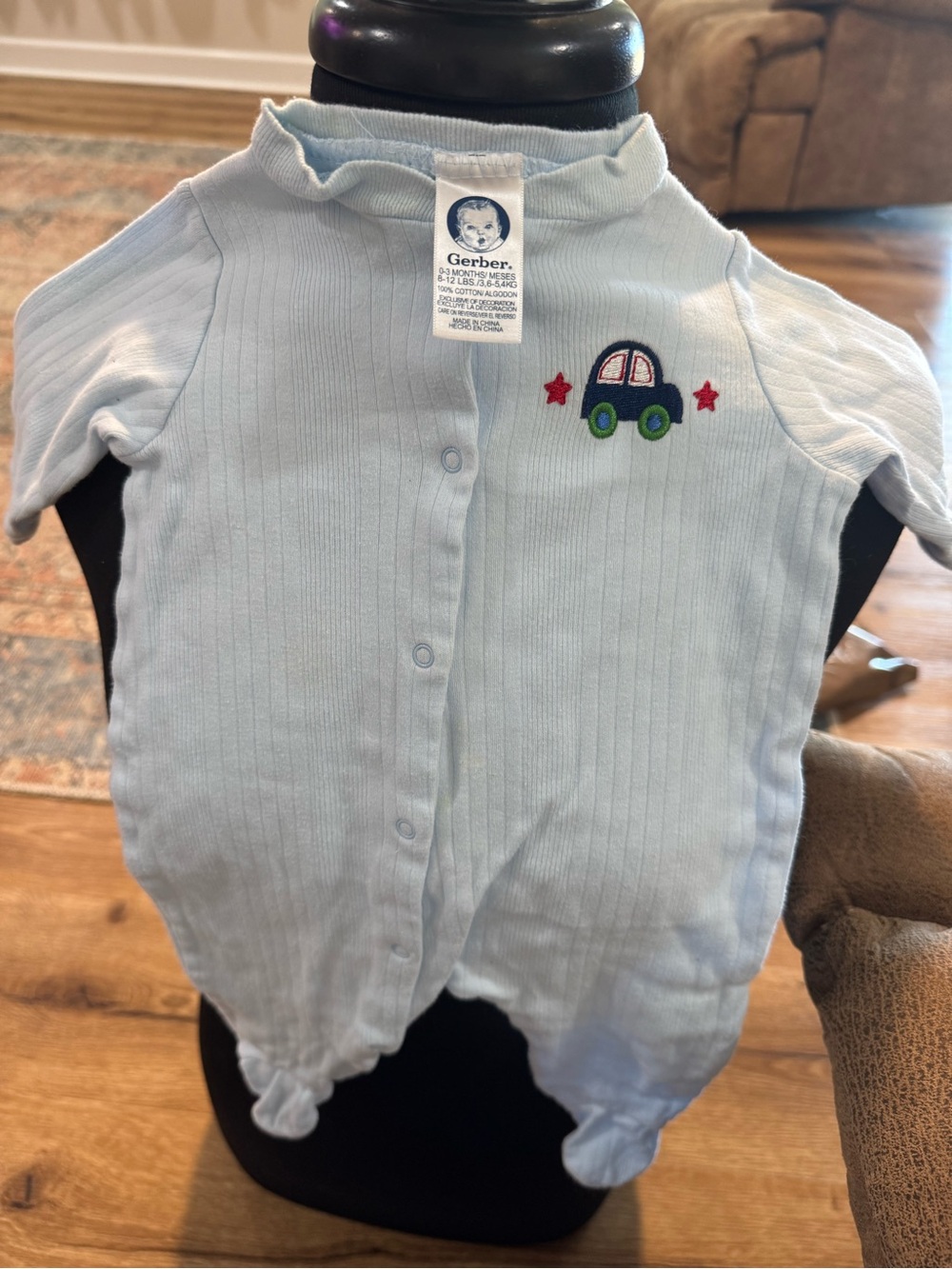 Gerber Light Blue Footed Onesie with Car Embroidery